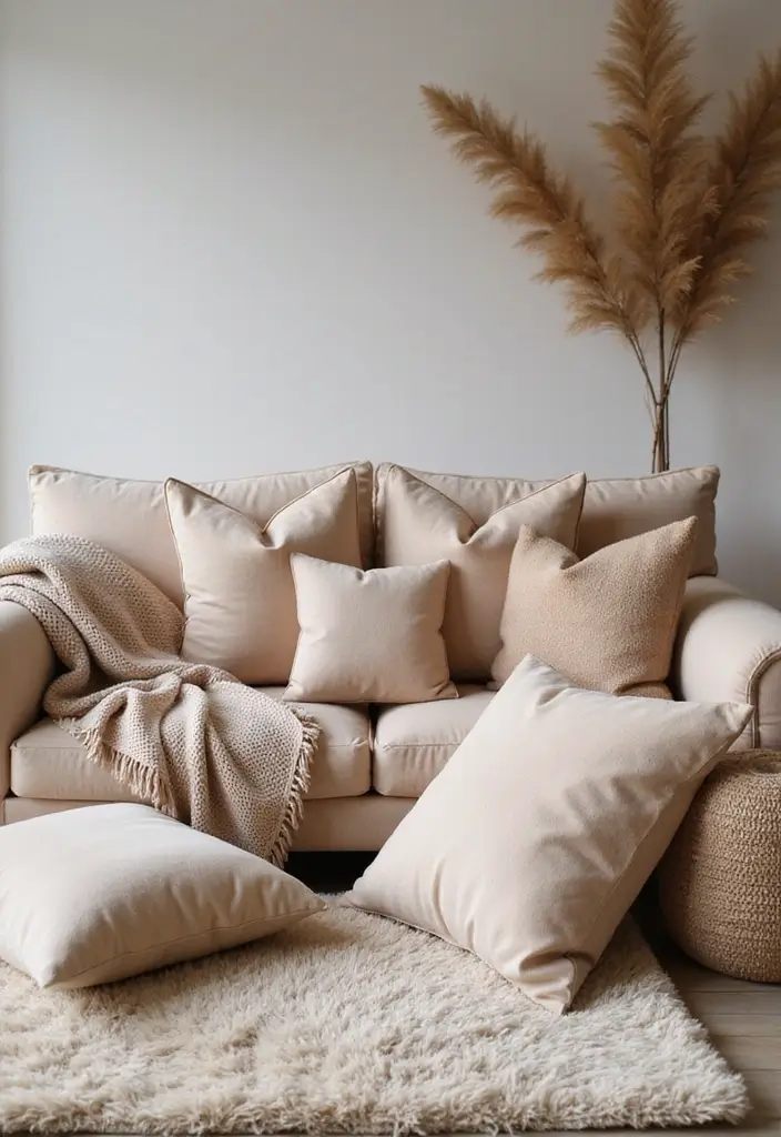 26 Champagne Living Room Ideas That Look Elegant and Soft - 2. Plush Textiles