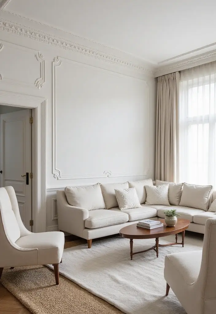 26 Champagne Living Room Ideas That Look Elegant and Soft - 20. Elegant Crown Molding