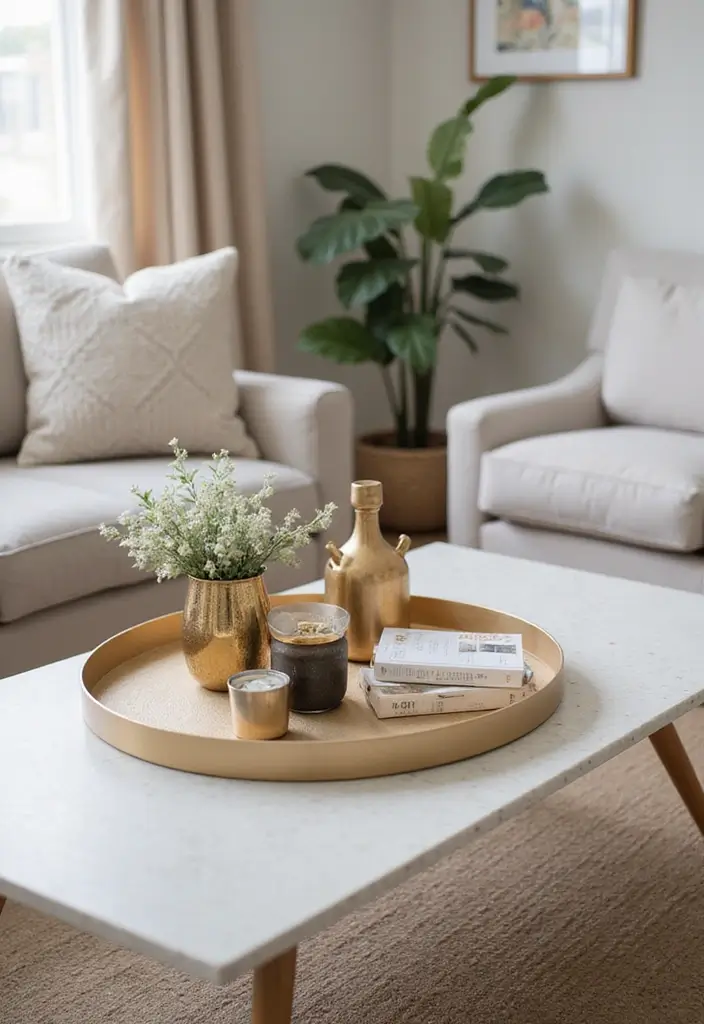 26 Champagne Living Room Ideas That Look Elegant and Soft - 23. Unique Decorative Trays