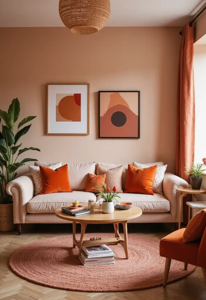 26 Champagne Living Room Ideas That Look Elegant and Soft - 24. Warm Colorful Accents