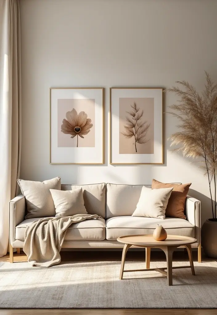 26 Champagne Living Room Ideas That Look Elegant and Soft - 8. Artwork with Soft Themes