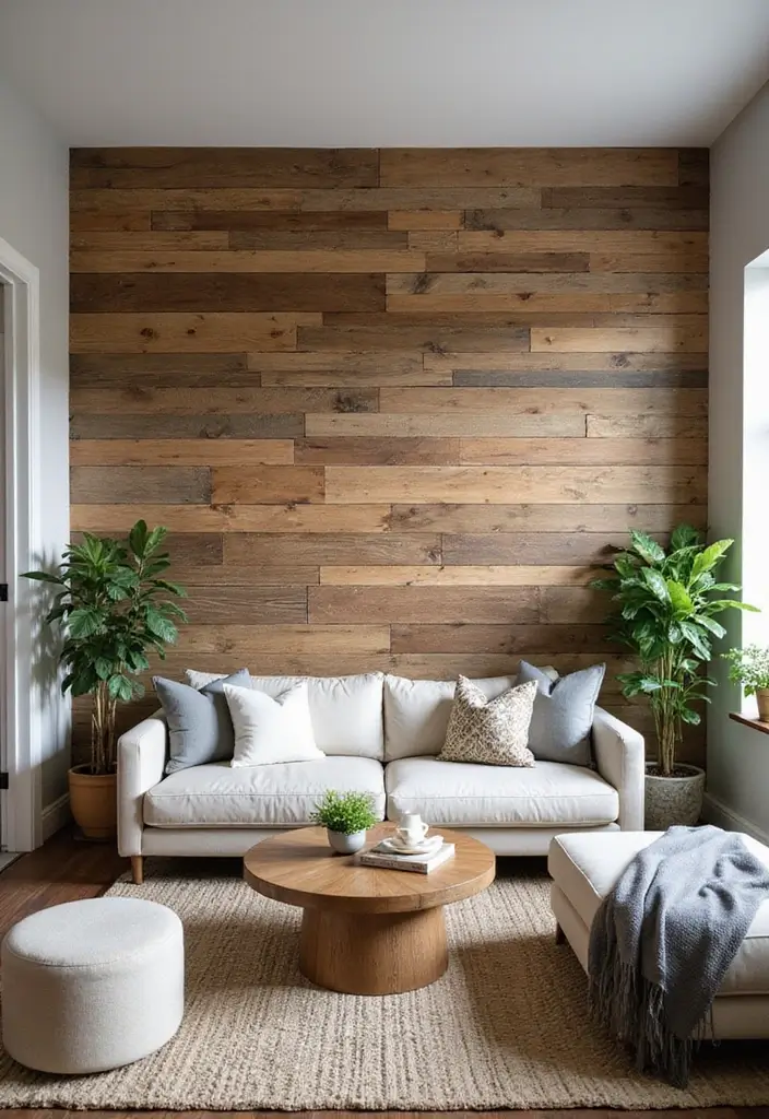 27 Accent Wall Ideas for Living Room That Make a Bold Statement - 1. Reclaimed Wood Wonder