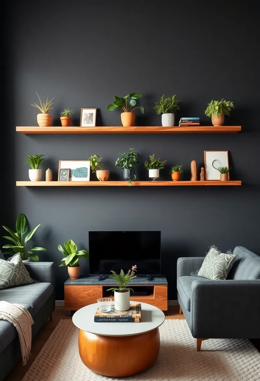 27 Accent Wall Ideas for Living Room That Make a Bold Statement - 15. Floating Shelves with Greenery