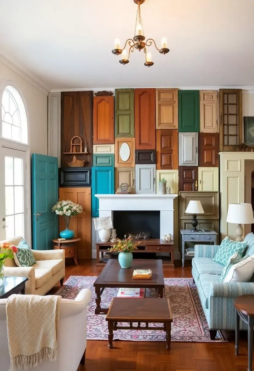 27 Accent Wall Ideas for Living Room That Make a Bold Statement - 16. Upcycled Doors as Decor