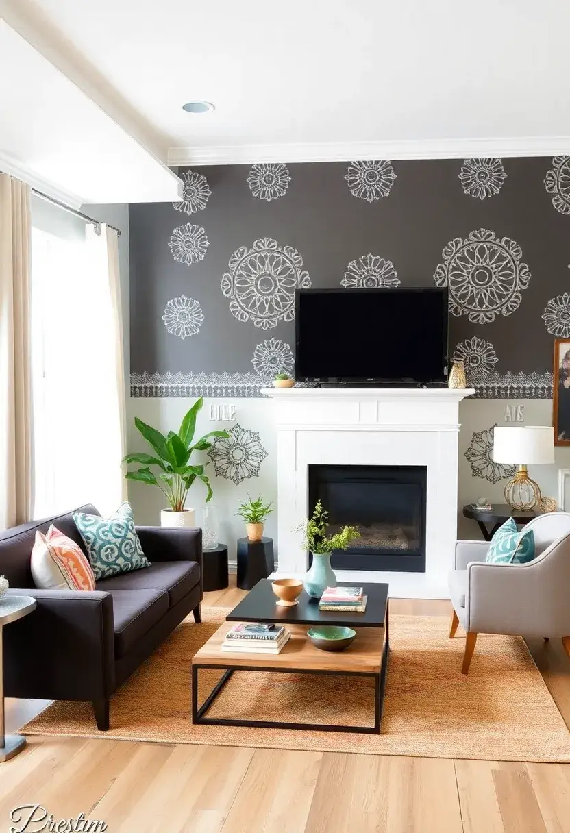 27 Accent Wall Ideas for Living Room That Make a Bold Statement - 21. Stenciled Patterns