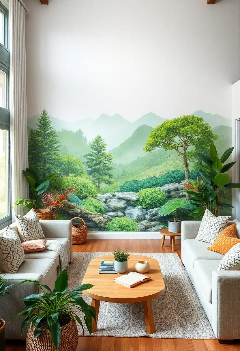 27 Accent Wall Ideas for Living Room That Make a Bold Statement - 22. Nature-Inspired Murals