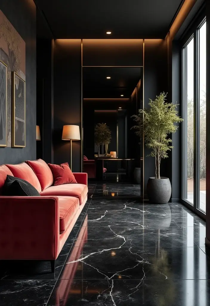 27 Black Tile Living Room Ideas That Feel Sleek and Modern - 1. Glossy Black Tile Elegance