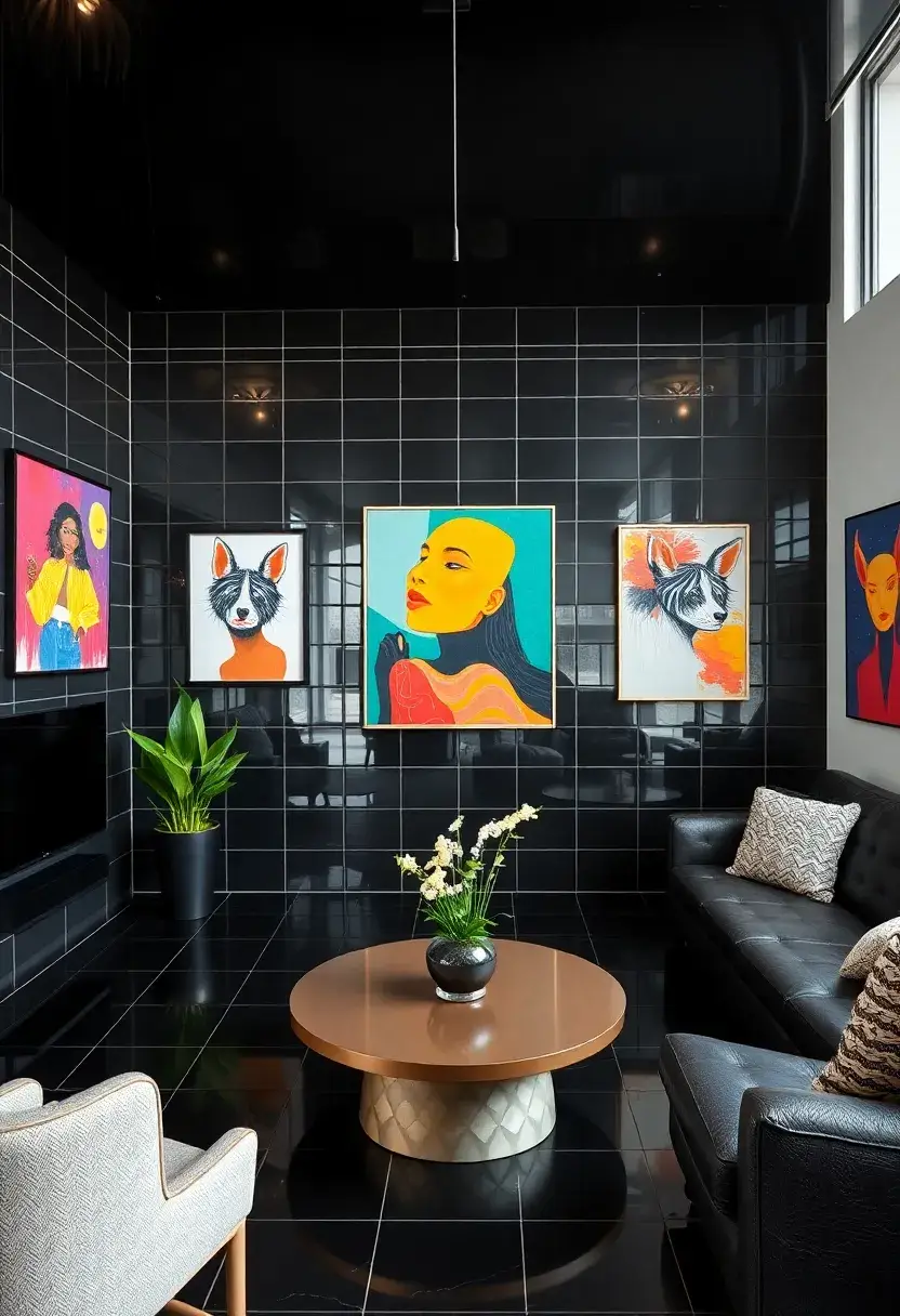 27 Black Tile Living Room Ideas That Feel Sleek and Modern - 13. Black Tiles and Modern Art