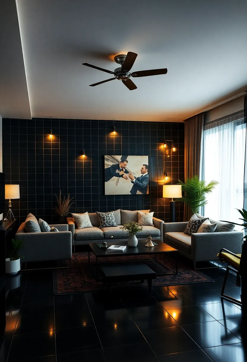27 Black Tile Living Room Ideas That Feel Sleek and Modern - 14. Smart Lighting Solutions
