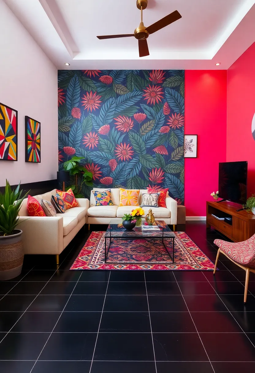 27 Black Tile Living Room Ideas That Feel Sleek and Modern - 16. Black Tiles with Colorful Accent Walls