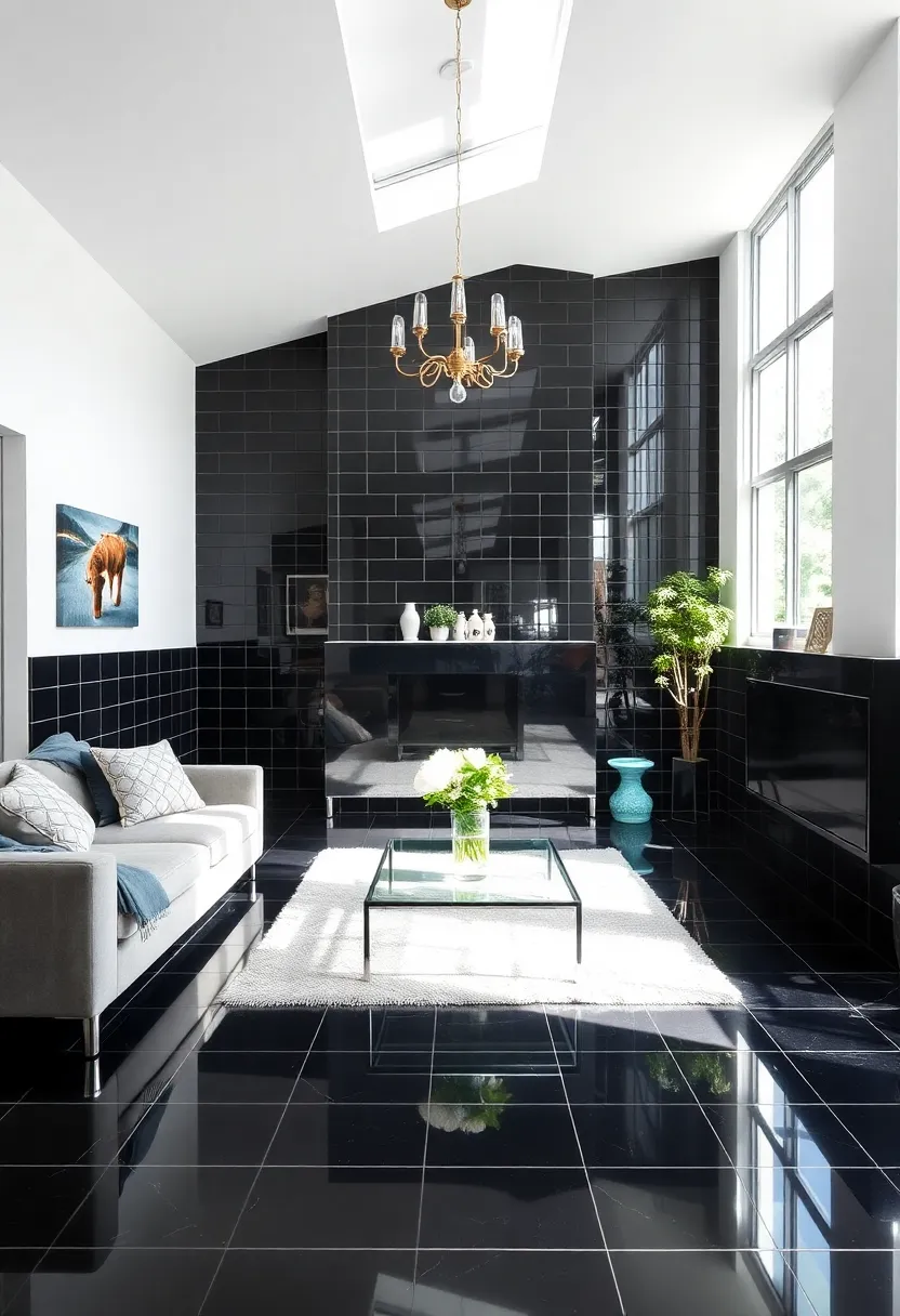 27 Black Tile Living Room Ideas That Feel Sleek and Modern - 17. Incorporating Glass Elements