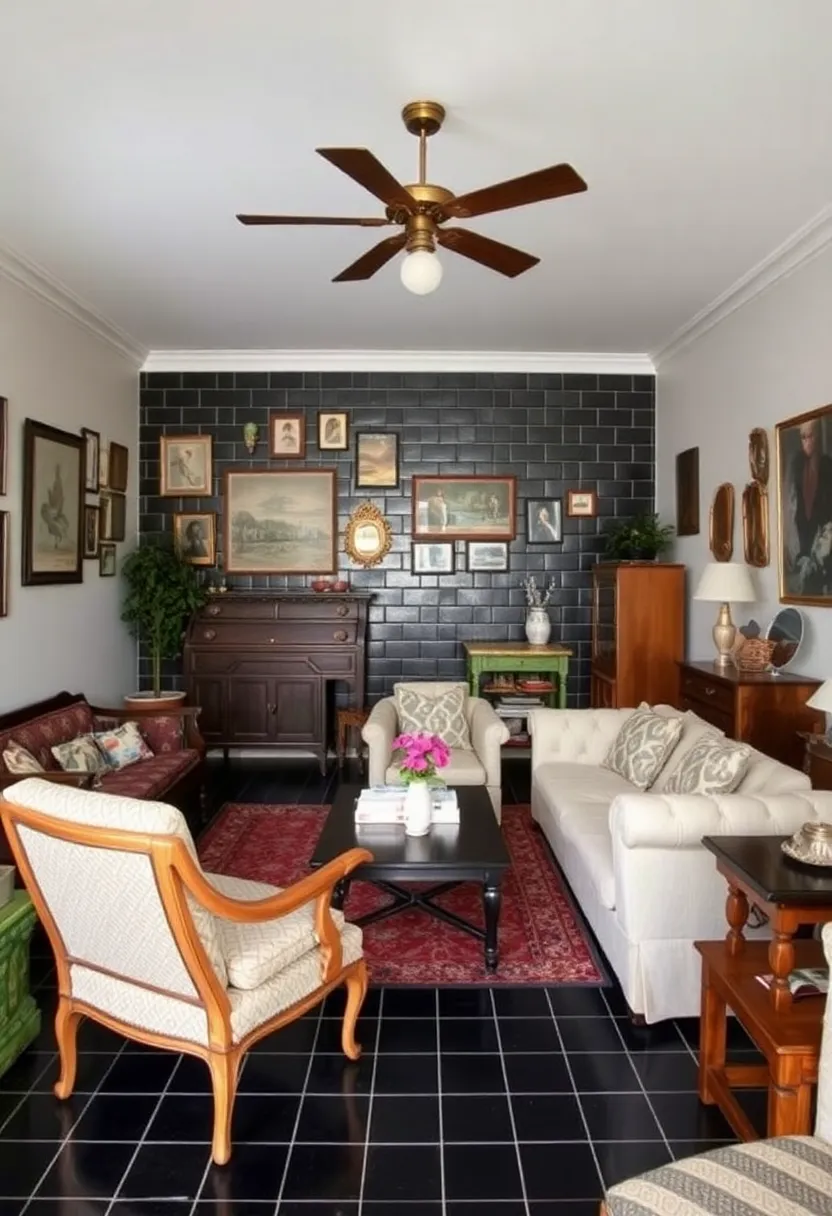 27 Black Tile Living Room Ideas That Feel Sleek and Modern - 18. Black Tiles with Vintage Touches