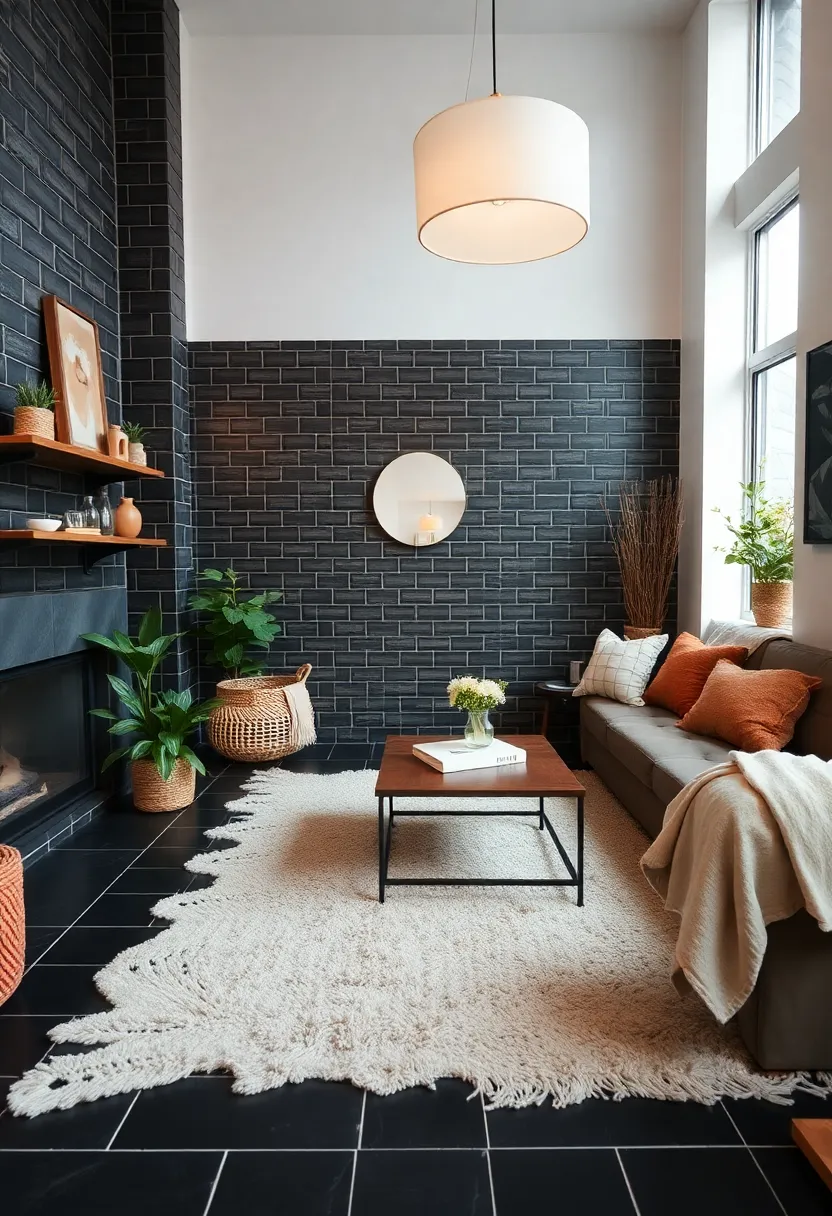 27 Black Tile Living Room Ideas That Feel Sleek and Modern - 20. Black Tiles and Soft Textiles