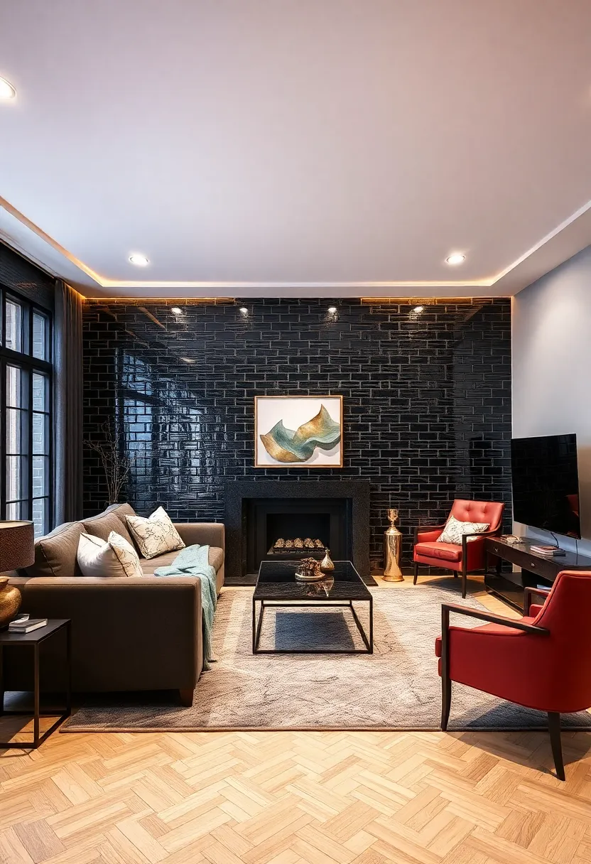 27 Black Tile Living Room Ideas That Feel Sleek and Modern - 21. Feature Wall with Black Tiles