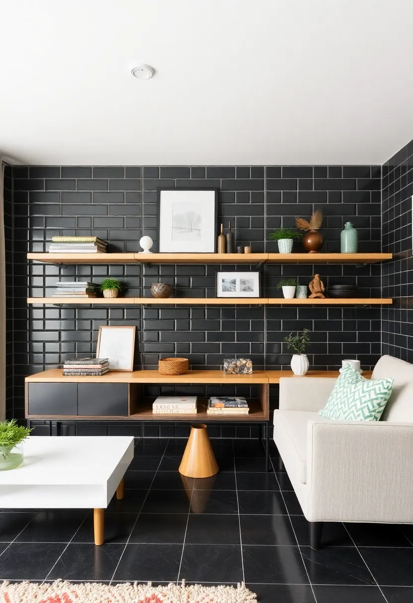 27 Black Tile Living Room Ideas That Feel Sleek and Modern - 23. Black Tiles with Open Shelving