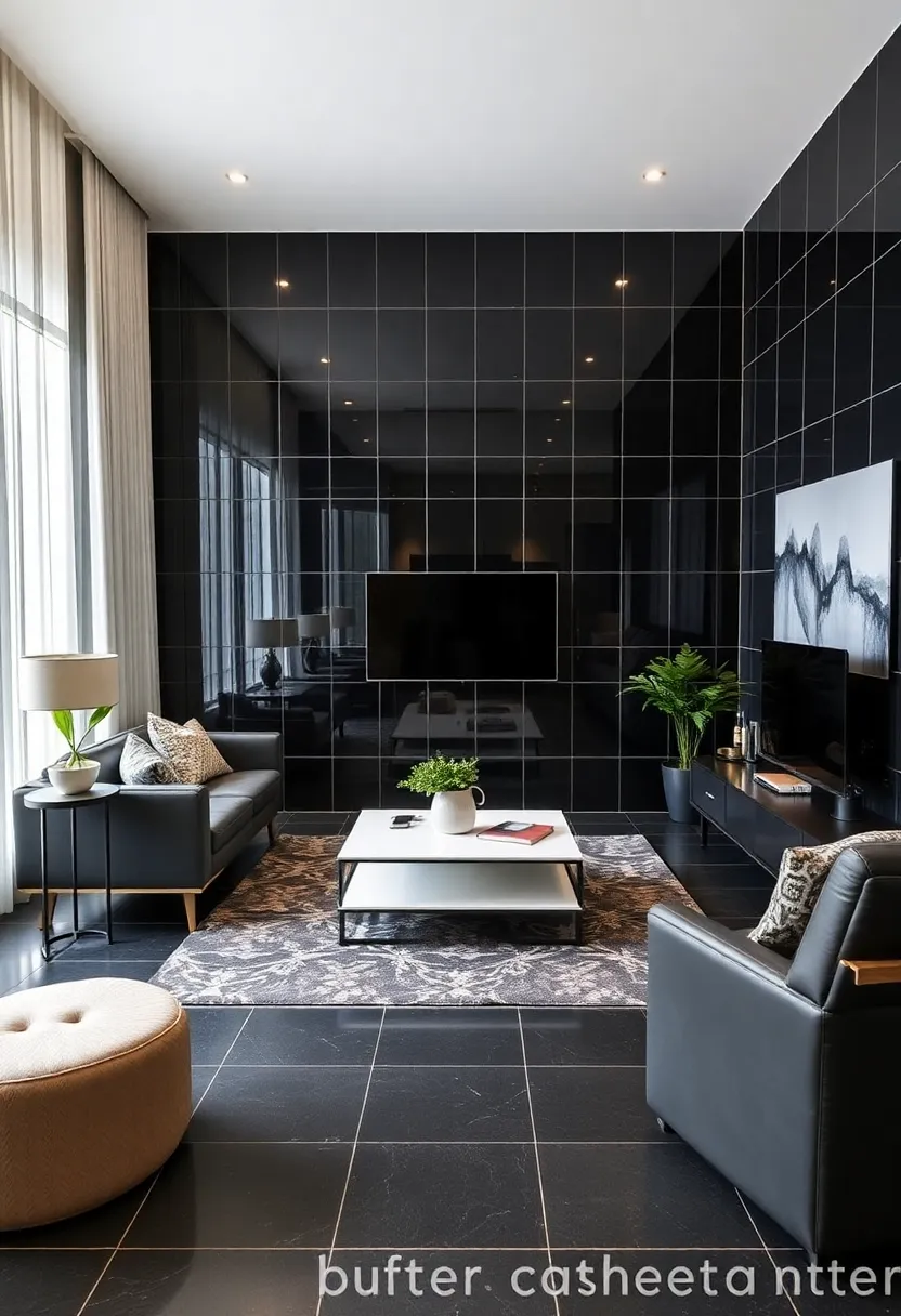 27 Black Tile Living Room Ideas That Feel Sleek and Modern - 24. Integrating Tech with Black Tiles