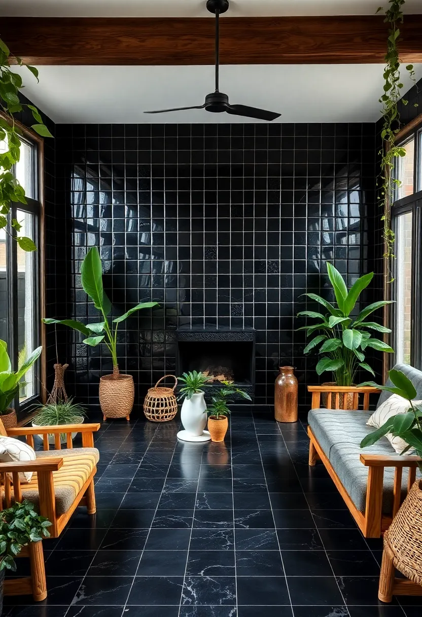27 Black Tile Living Room Ideas That Feel Sleek and Modern - 25. Black Tiles and Natural Elements
