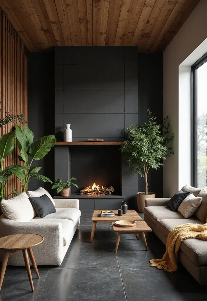 27 Black Tile Living Room Ideas That Feel Sleek and Modern - 5. Black Tile with Wood Accents