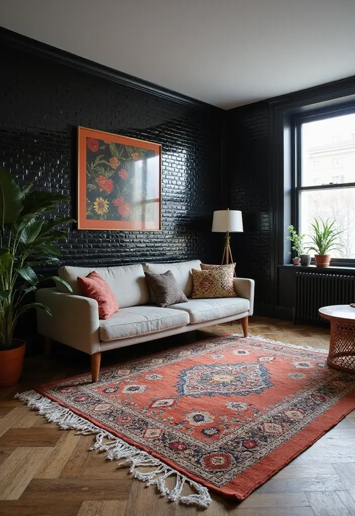 27 Black Tile Living Room Ideas That Feel Sleek and Modern - 6. Black Tiles and Statement Rugs