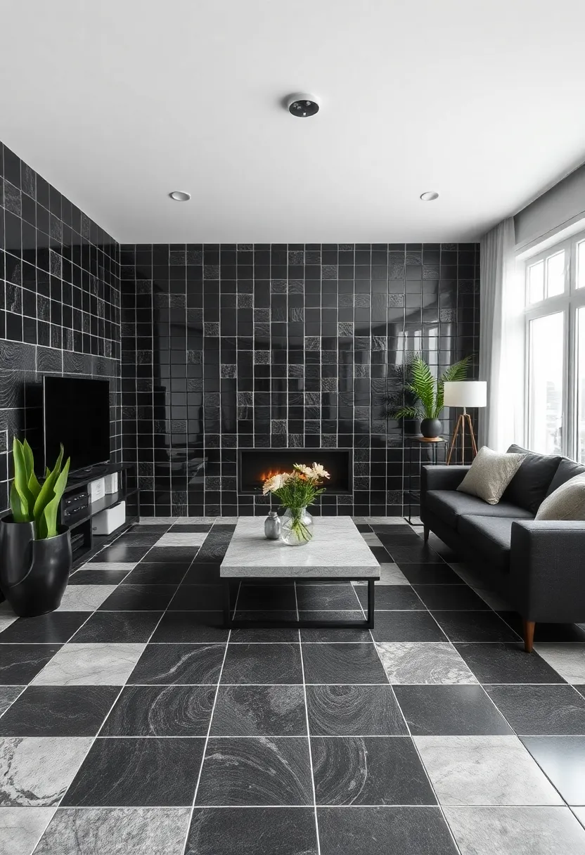 27 Black Tile Living Room Ideas That Feel Sleek and Modern - 7. Artistic Black Tile Layouts