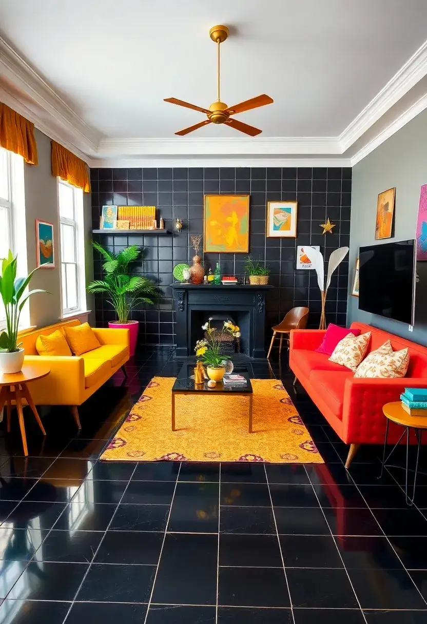 27 Black Tile Living Room Ideas That Feel Sleek and Modern - 9. Black Tiles and Bold Colors