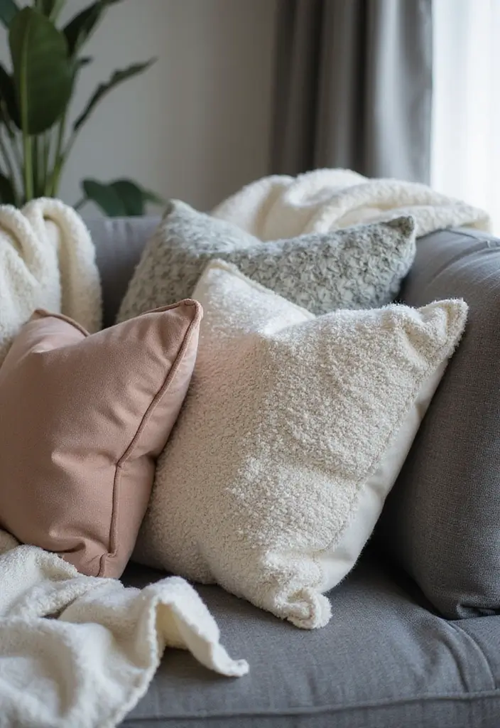 27 Boho Living Room With Grey Couch Ideas That Feel Modern and Cozy - 1. Layered Textures with Throws