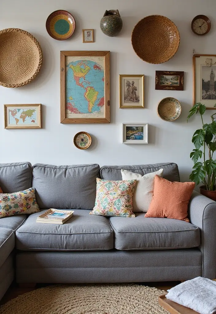 27 Boho Living Room With Grey Couch Ideas That Feel Modern and Cozy - 11. Personal Touches with Travel Souvenirs