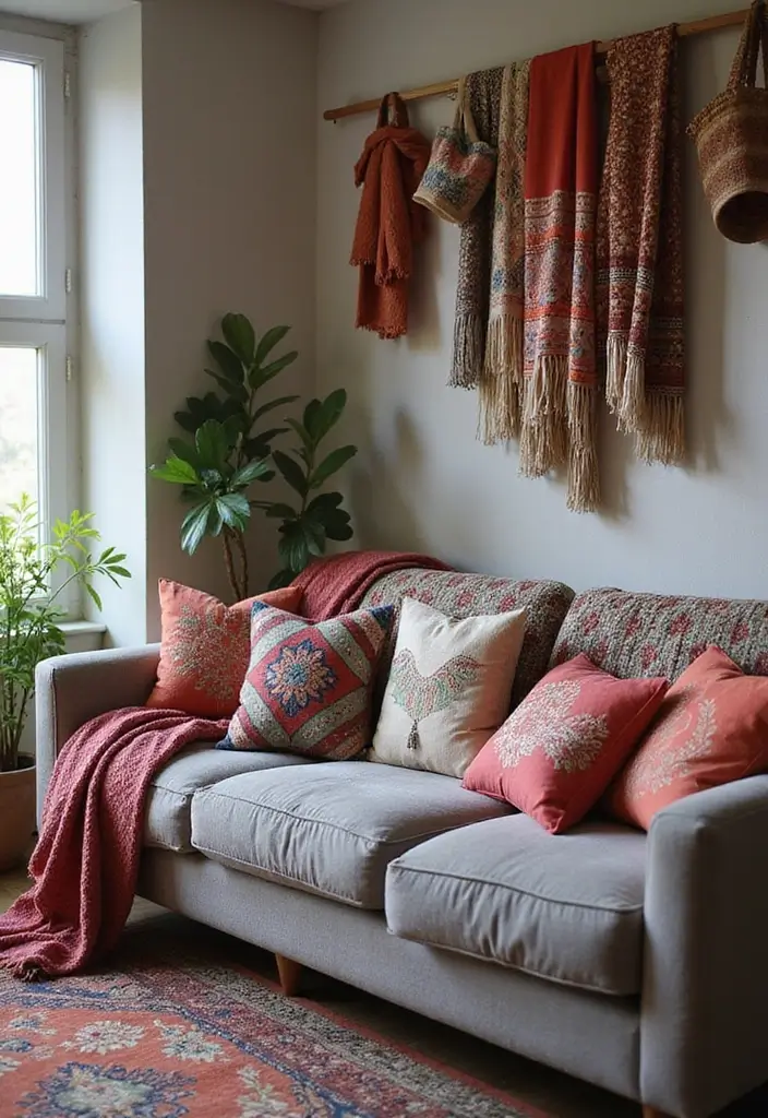 27 Boho Living Room With Grey Couch Ideas That Feel Modern and Cozy - 13. Incorporating Artisan Textiles