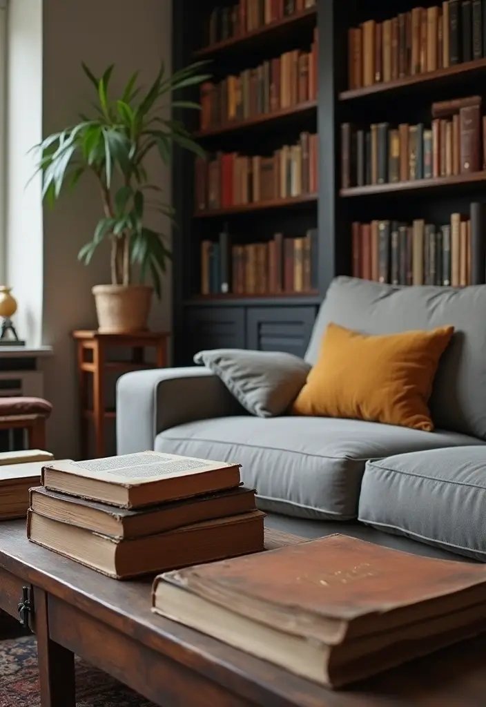 27 Boho Living Room With Grey Couch Ideas That Feel Modern and Cozy - 14. Vintage Books for Character