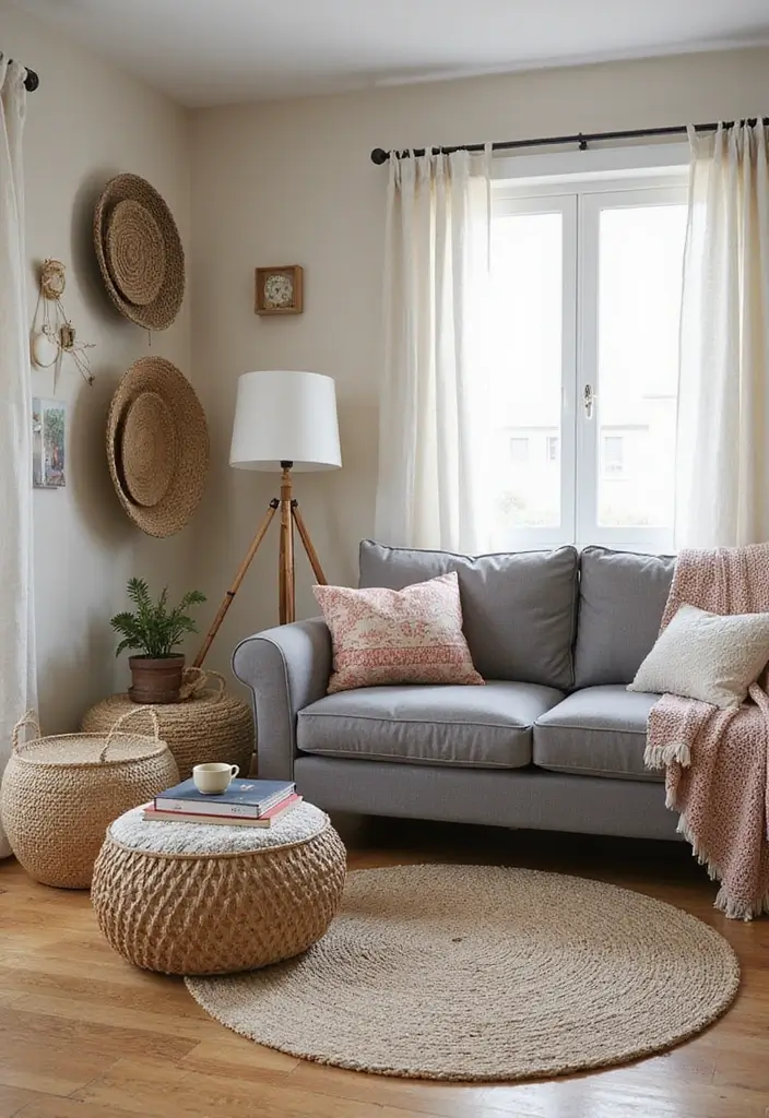 27 Boho Living Room With Grey Couch Ideas That Feel Modern and Cozy - 18. Hidden Storage Solutions
