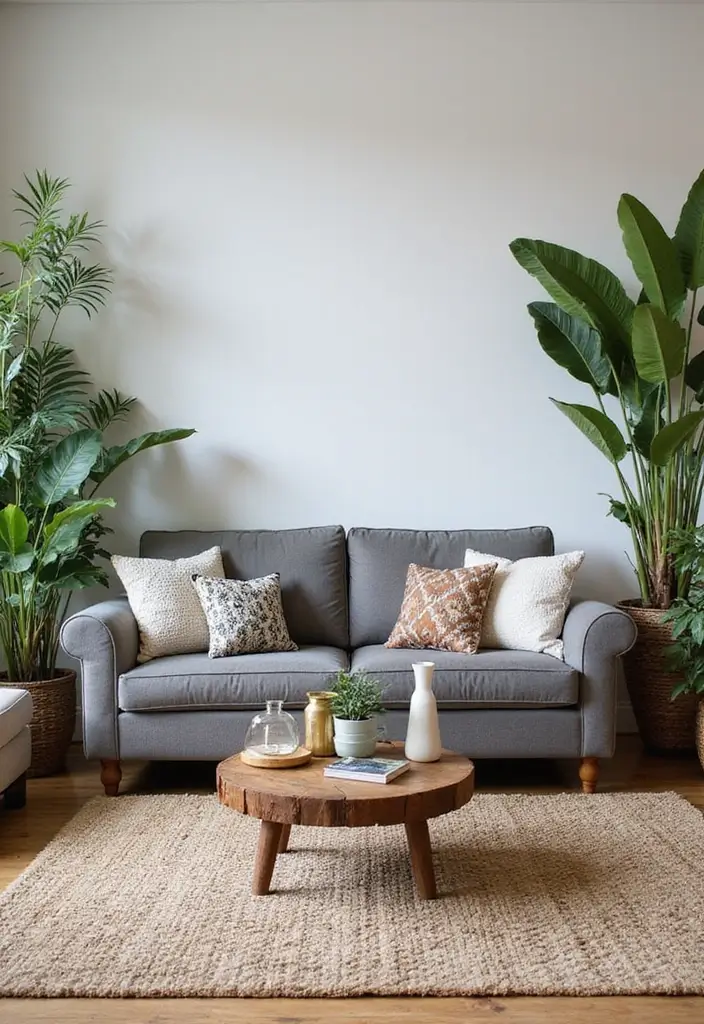 27 Boho Living Room With Grey Couch Ideas That Feel Modern and Cozy - 19. Mixing Up Furniture Heights