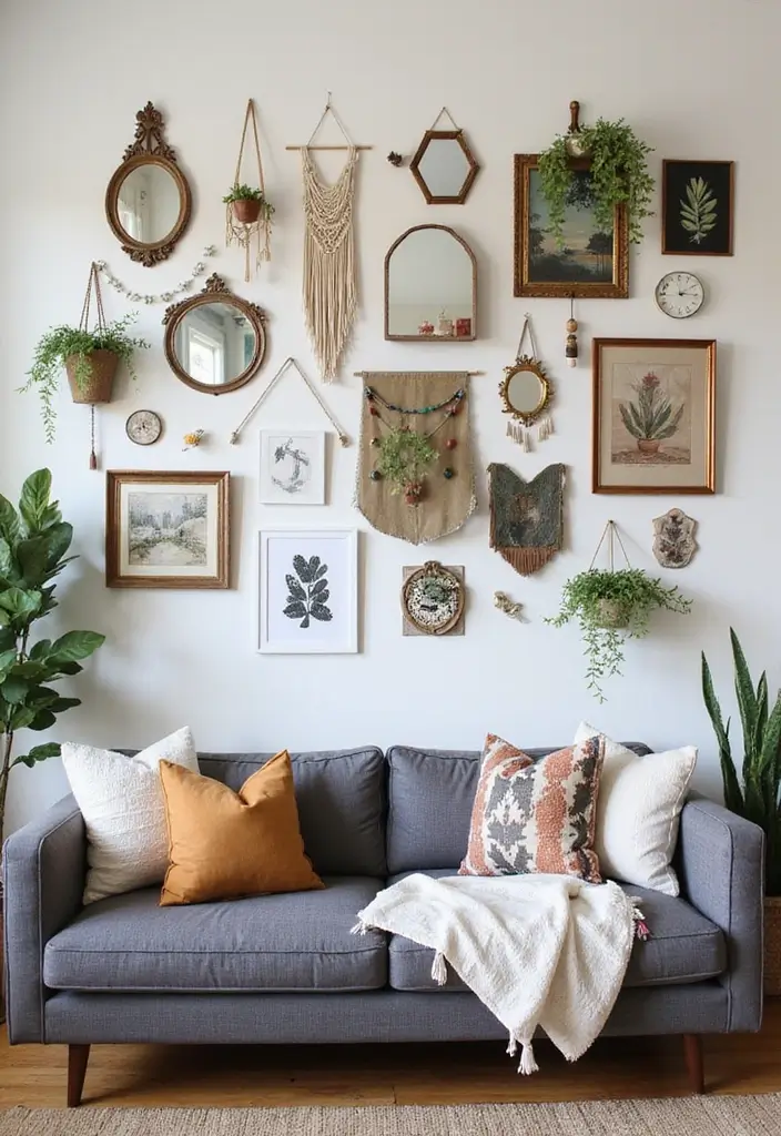 27 Boho Living Room With Grey Couch Ideas That Feel Modern and Cozy - 2. Eclectic Wall Art Arrangement