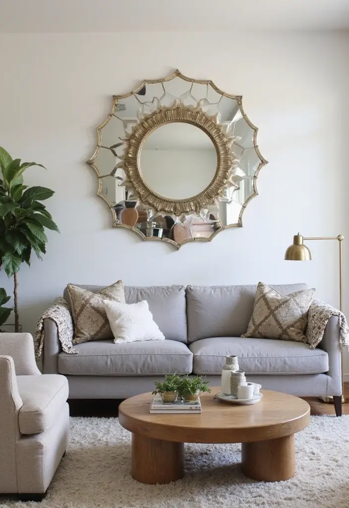 27 Boho Living Room With Grey Couch Ideas That Feel Modern and Cozy - 23. Mirrored Accents for Brightness