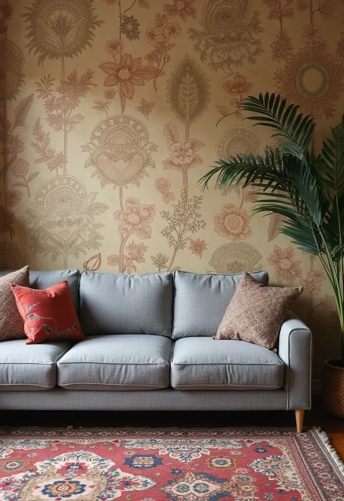27 Boho Living Room With Grey Couch Ideas That Feel Modern and Cozy - 24. Creative Wallpaper Applications