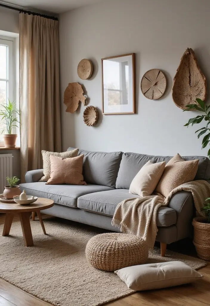27 Boho Living Room With Grey Couch Ideas That Feel Modern and Cozy - 25. Accessorizing with Natural Materials