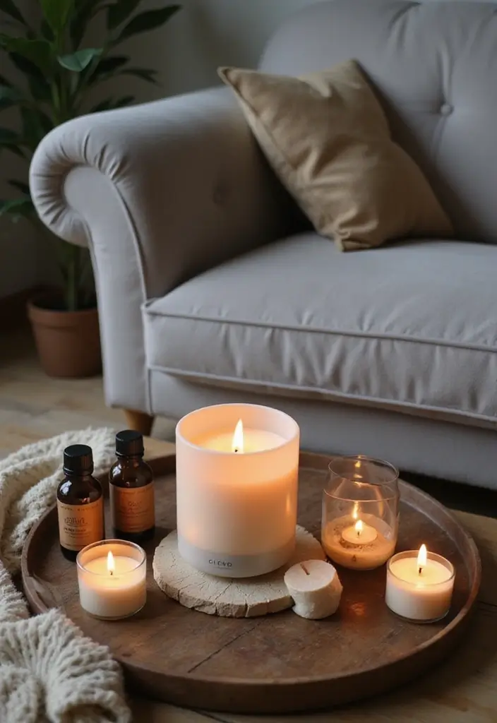 27 Boho Living Room With Grey Couch Ideas That Feel Modern and Cozy - 27. Seasonal Scents for Coziness