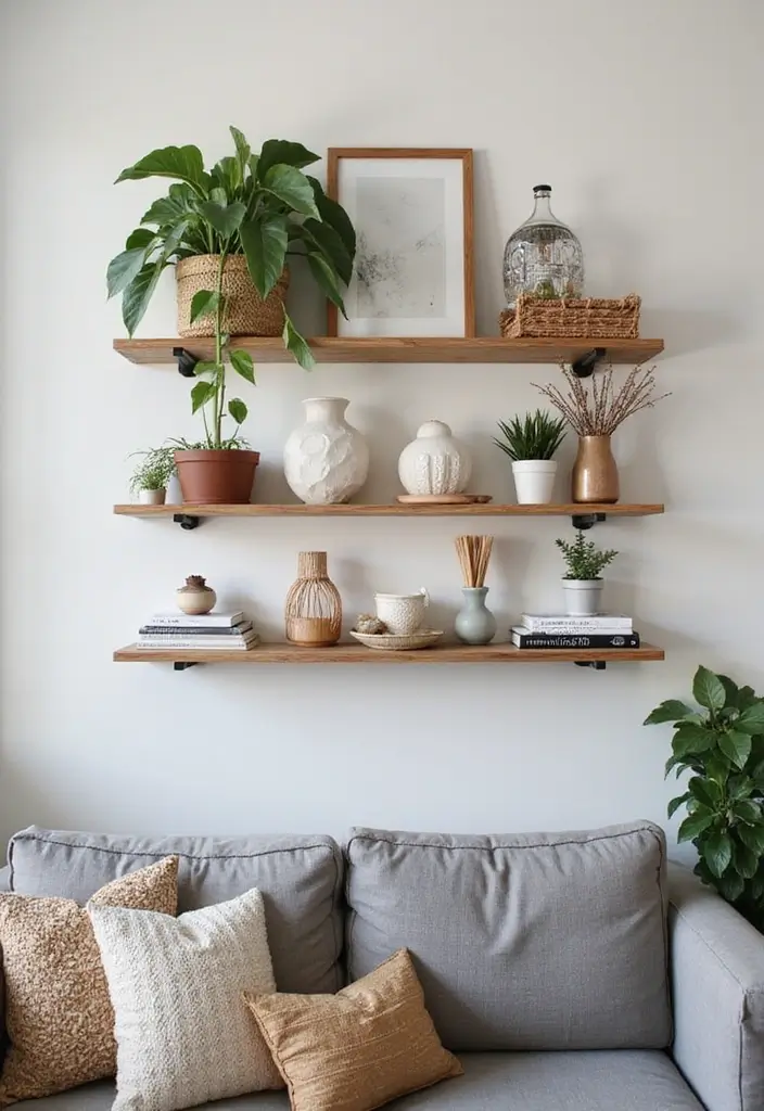 27 Boho Living Room With Grey Couch Ideas That Feel Modern and Cozy - 5. Functional yet Decorative Shelving