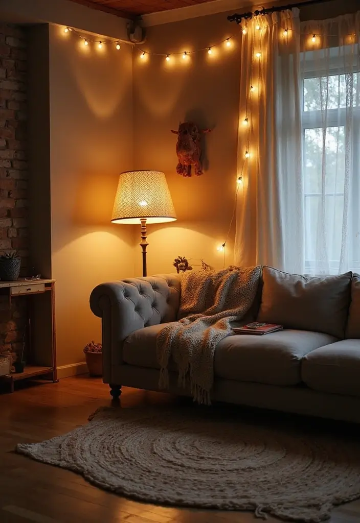 27 Boho Living Room With Grey Couch Ideas That Feel Modern and Cozy - 6. Soft Lighting Solutions