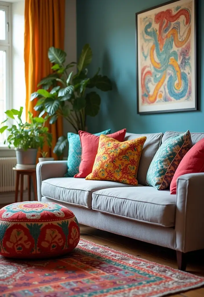 27 Boho Living Room With Grey Couch Ideas That Feel Modern and Cozy - 7. Playful Patterns and Prints