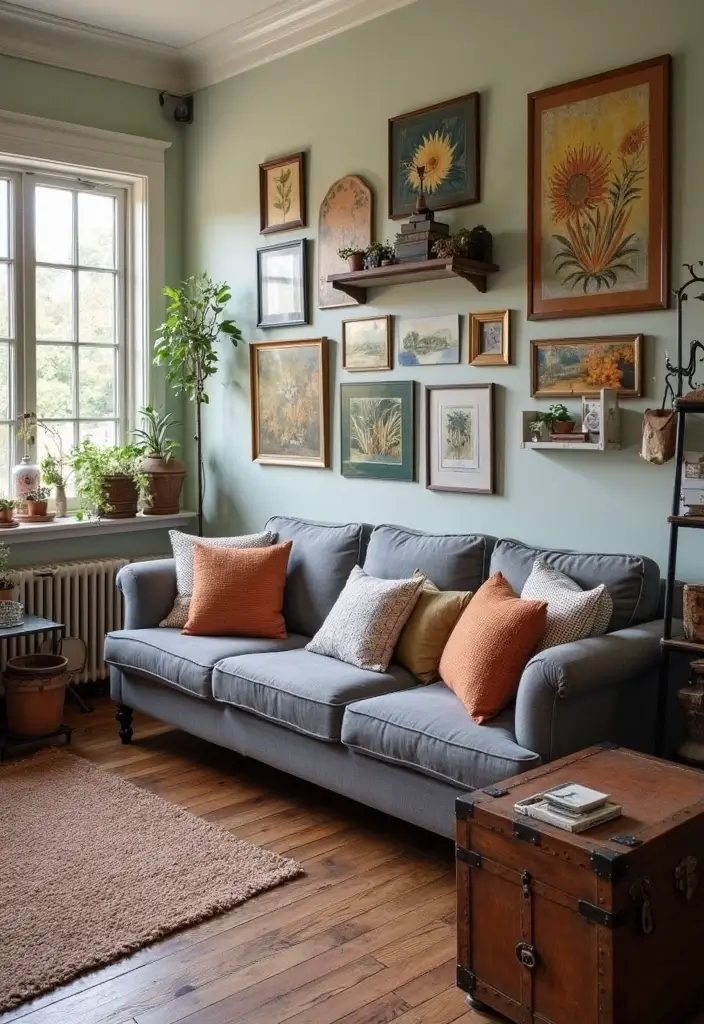27 Boho Living Room With Grey Couch Ideas That Feel Modern and Cozy - 8. Vintage Finds and Thrifted Treasures