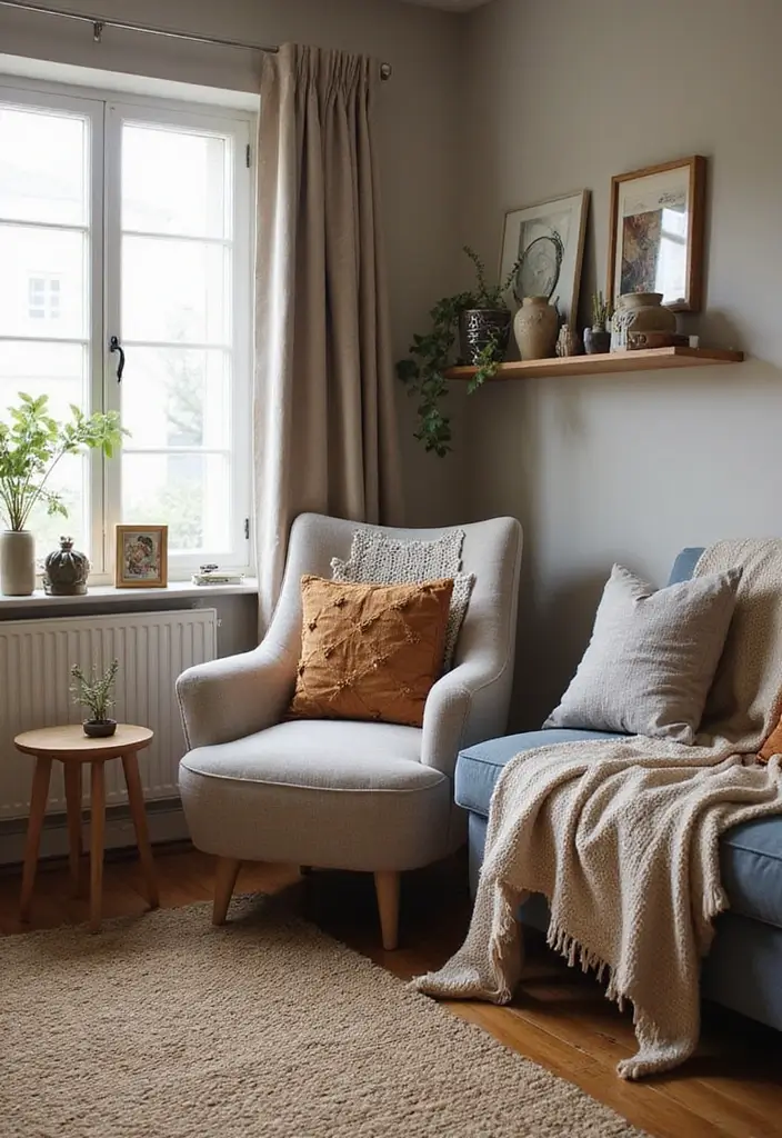 27 Boho Living Room With Grey Couch Ideas That Feel Modern and Cozy - 9. Cozy Corner Nooks