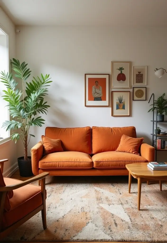 27 Burnt Orange Couch Living Room Ideas That Feel Warm and Modern - 1. Mid-Century Modern Marvel