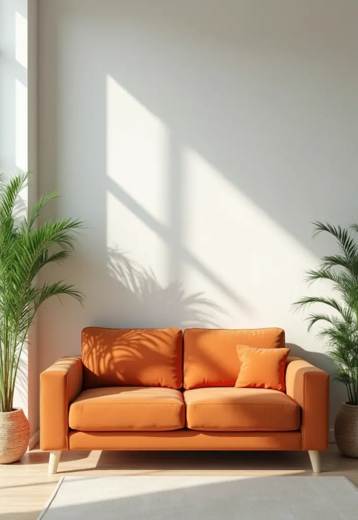 27 Burnt Orange Couch Living Room Ideas That Feel Warm and Modern - 10. Bright and Airy