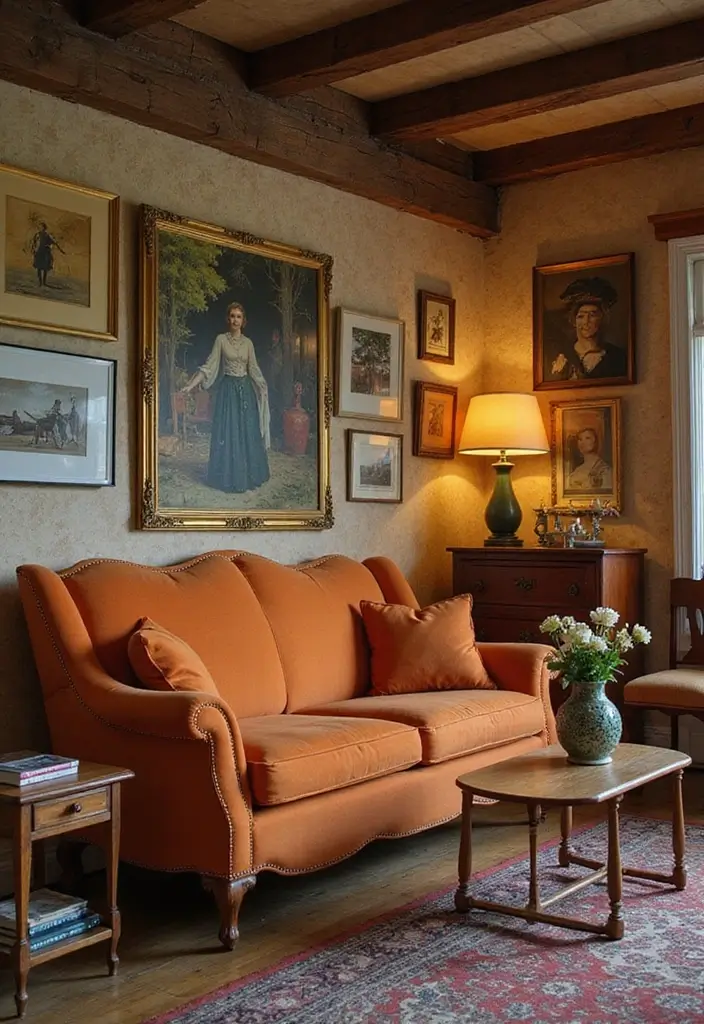 27 Burnt Orange Couch Living Room Ideas That Feel Warm and Modern - 11. Vintage Touch