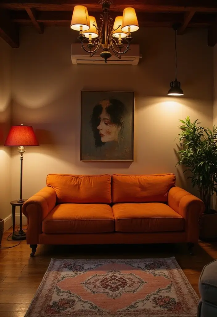 27 Burnt Orange Couch Living Room Ideas That Feel Warm and Modern - 12. Layered Lighting