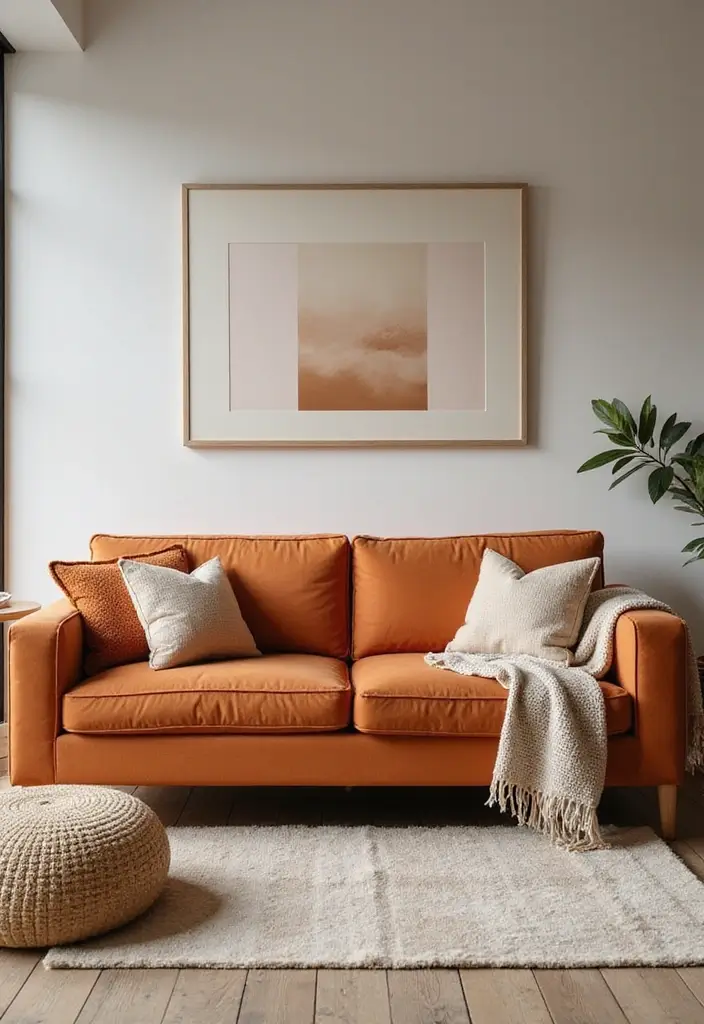 27 Burnt Orange Couch Living Room Ideas That Feel Warm and Modern - 16. Soft Neutrals and Burnt Orange