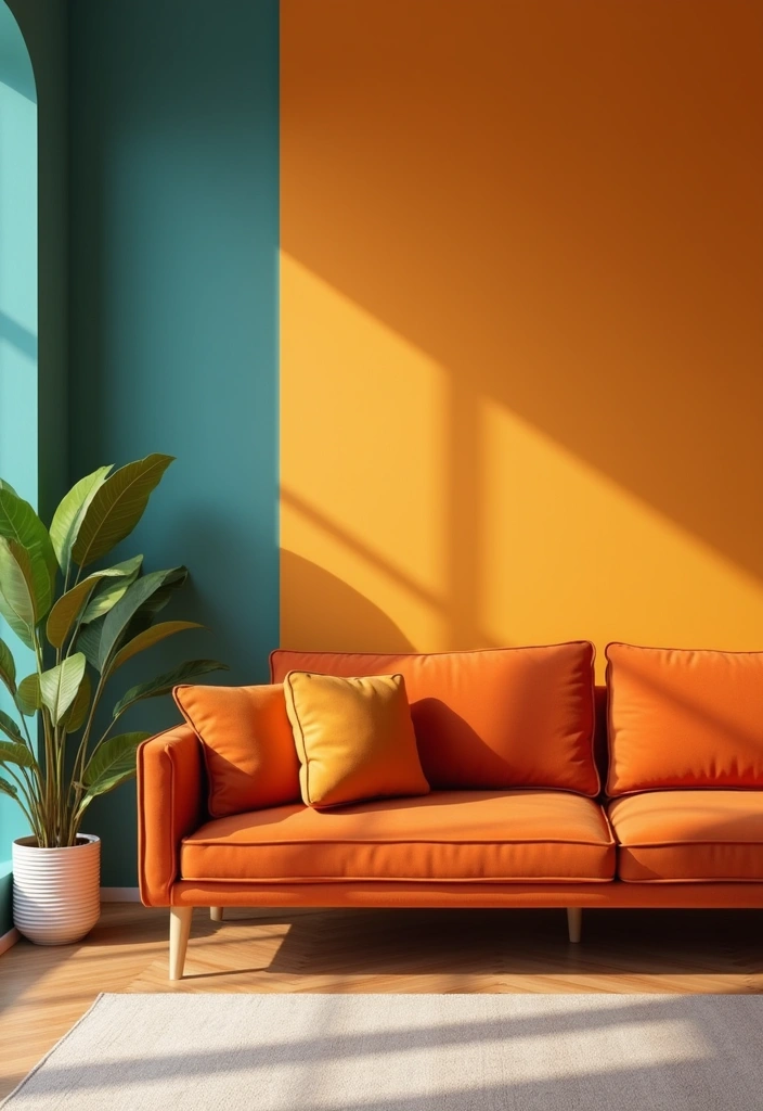 27 Burnt Orange Couch Living Room Ideas That Feel Warm and Modern - 17. Colorful Accent Wall