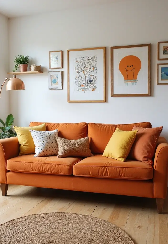 27 Burnt Orange Couch Living Room Ideas That Feel Warm and Modern - 18. Family-Friendly Decor