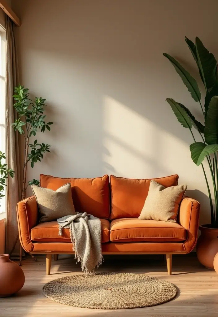 27 Burnt Orange Couch Living Room Ideas That Feel Warm and Modern - 2. Earthy Tones Harmony