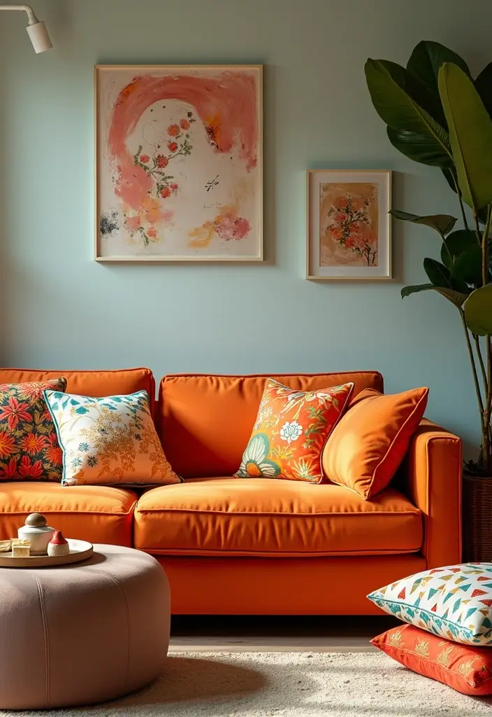 27 Burnt Orange Couch Living Room Ideas That Feel Warm and Modern - 20. Playful Patterns